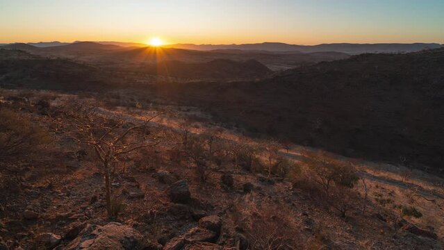 Sunrise on the Orupembe Conservancy in Kaokoveld in Namibia, Africa. Time Lapse.