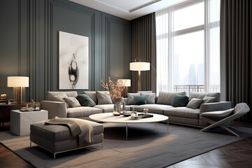 Naklejka na ściany i meble Friendly interior style. living room. Wall mockup. Wall art. 3d rendering, 3d illustration,Generative AI