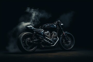 Plakat Dark background motorcycle side view with smoking details. Generative AI