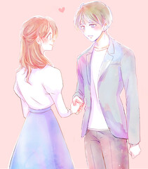 恋人同士になった握手をする男女