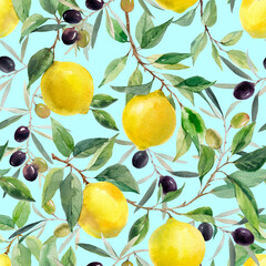 Beautiful seamless pattern with hand drawn watercolor yellow lemons on branches with leaves and black olives. Stock illustration.