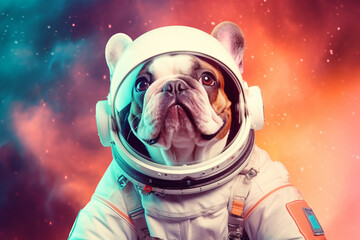 French bulldog in a space suit in space neon colors created with AI generative tools