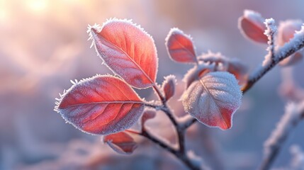 Background with red frozen leaves hanging. The first frosts, frost and hoarfrost. Generative AI. Illustration for cover, card, postcard, brochur, advertising or presentation.