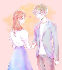 恋人同士になった握手をする男女