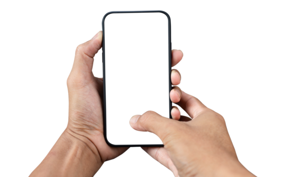 Hand holding black smartphone with white screen mockup and isolated on transparent background , PNG file smartphone frameless application design concept. - Powered by Adobe