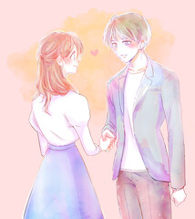 恋人同士になった握手をする男女