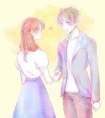 恋人同士になった握手をする男女