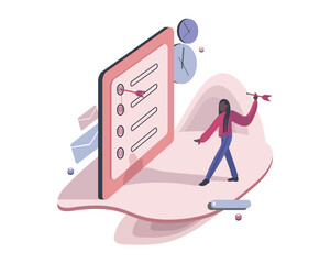 Cartoon abstract faceless girl throws arrows at task list. High productivity and time management skills, goal fulfillment 2d vector concept. Flat style illustration