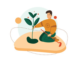 Man siting on ground, holding shovel and plant tree. Cartoon character volunteering to save Earth. Active diverse man doing social charity activities to save planet. Vector flat illustration