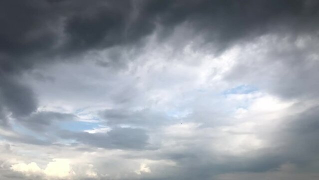 dark heavy storm clouds passing fast in a timelapse footage sequence 