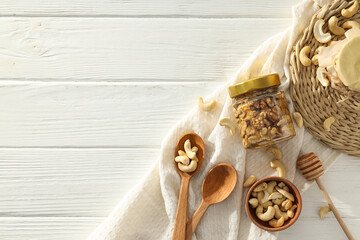 Concept of tasty and sweet food - honey with nuts