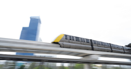 Elevated monorail train fast move on rail. Public transit monorail. Modern mass transit. Rail...