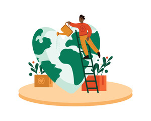 Fototapeta na wymiar American man standing on the stairs near globe and watering from watering can. Active diverse volunteer doing social charity activities to protect Earth. Saving planet together. Vector flat design