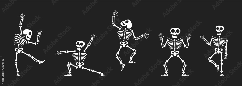 Poster skeletons dancing with different positions flat style design vector illustration set. funny dancing  - Posters