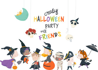 Vector Set of Multiracial Boys and Girls, wearing Halloween Costumes isolated on White Background