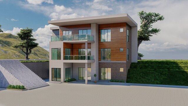 Building render and sky tree cloud grass