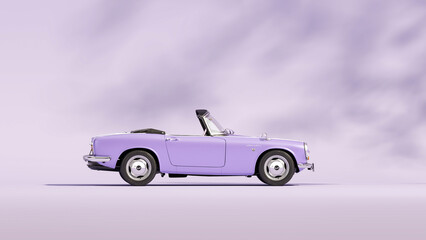 Obraz na płótnie Canvas Purple retro car. Stylized, toy looking vintage car. Pastel colors scene. 3D rendering for web page, studio, presentation or picture frame backgrounds. 