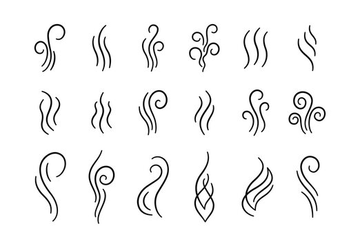 Doodle smoke icons set. Water steam symbols. Hand drawn hot vapors. Line air smell symbols. Doodle fire smoke icons. Vector illustration isolated on white background.