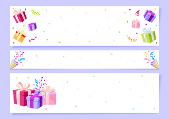Greeting card banner blank festive gift box flat set. Empty lettering space widescreen wallpaper confetti gift clapper firework colorful rainbow promotional poster invitation greeting letter on white