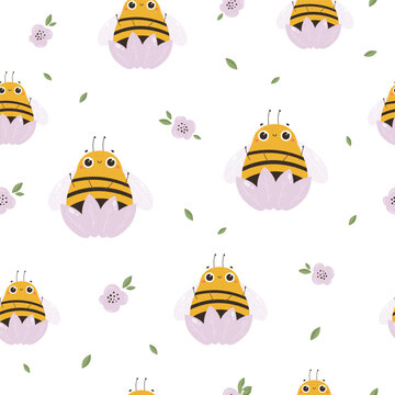 Colorful seamless pattern with cute bees characters.