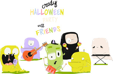 Funny Halloween Monsters playing Crazy Music. Vector Illustration