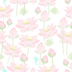 Vector Seamless Pattern with Pastel Lotuses on Blue Background