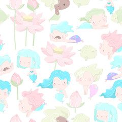 Vector Seamless Pattern with Cute Mermaids and Funny Fish on Violet Background