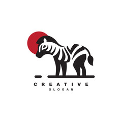 Simple minimal black and white zebra with red sun logo design for your brand or business