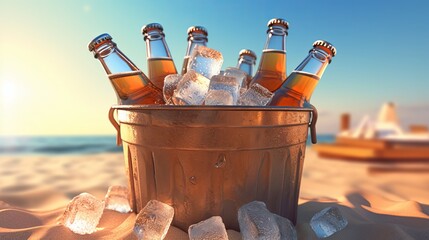 Three beer bottles in bucket full of ice cubes beach Generative AI - obrazy, fototapety, plakaty