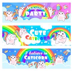 Caticorn party, cartoon caticorn cat and kitten characters with rainbow and clouds. Vector horizontal banners with kawaii magical feline unicorn animal with colorful tail and horn having fun on heaven