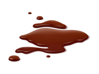 Chocolate puddle, brown choco spill, isolated liquid blot and drip. Isolated realistic 3d vector velvety-smooth pool of melted chocolate, enticingly shiny, with a luscious aroma that tempts the senses