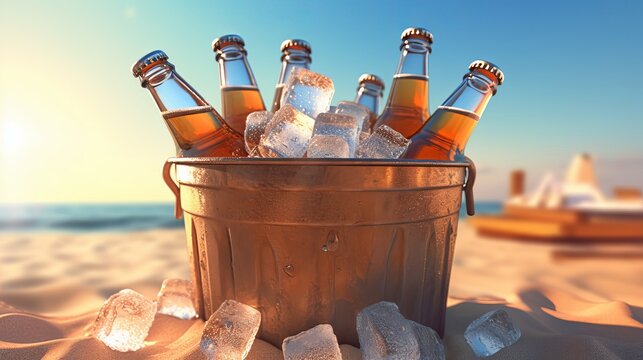 Three beer bottles in bucket full of ice cubes beach Generative AI