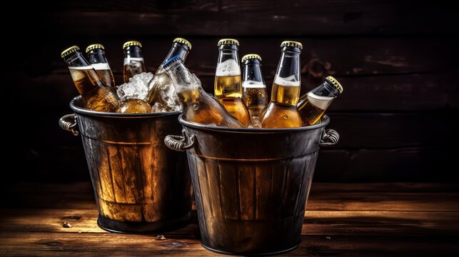 Cold bottles of beer in the bucket on the wooden background Generative AI