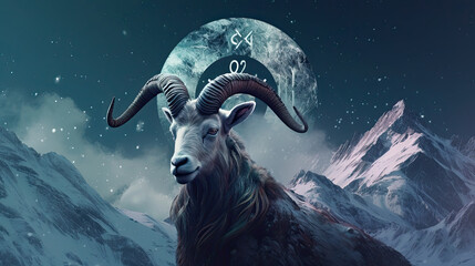 A Gorgeous Illustration of the Capricorn Zodiac Sign on a Snowy Mountain - Generative AI - obrazy, fototapety, plakaty