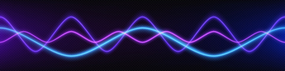 Neon audio voice frequency wave and abstract sound light vector background. Radio pulse effect curve design. Volume music track line vibrant motion illustration. Electronic record led graph chart