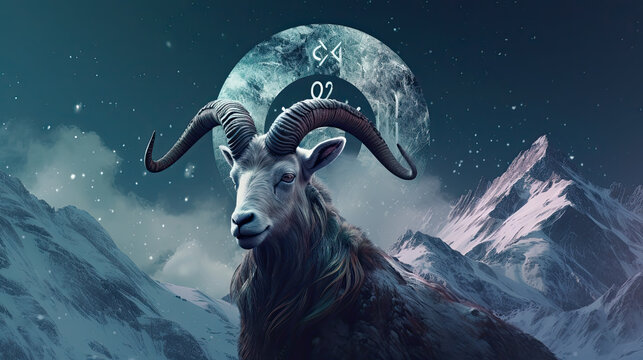 A Gorgeous Illustration of the Capricorn Zodiac Sign on a Snowy Mountain - Generative AI