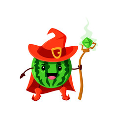 Cartoon watermelon fruit wizard or magician character. Vector smiling necromancer personage with magic staff. Funny wiz wear red hat and cape. Cute sorcerer garden fruit, healthy food mage, fascinator