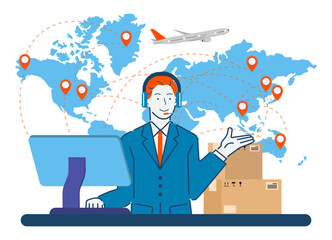 Naklejka premium Logistics service provider and Call center concept with 2D cartoon character on white background. Global export and import airlinnes. Vector illustration eps10