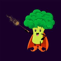 Cartoon Halloween broccoli vegetable wizard, witch and mage character. Vector veggies magician personage wielding a wand, evoking a sense of mystery, wonder and healthy eating habits