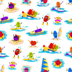 Cartoon micronutrient characters on summer vacation, seamless pattern. Vector background with funny vitamins and minerals having fun at sea beach. Cute food supplement pill personages backdrop