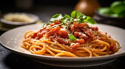 Pasta all'Amatriciana served on a white plate with Italian parsley garnish