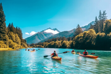 People kayaking on a calm lake, surrounded by towering mountains and clear blue skies Generative AI - obrazy, fototapety, plakaty