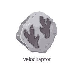 Velociraptor dinosaur footprint fossil, archeology stone. Prehistoric monster claws ground trace, ancient reptile foot evolution museum fossil track or trail. Extinct animal vector footprint