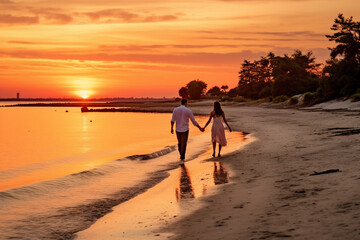 Couples strolling hand in hand along a sandy shoreline during a romantic sunset Generative AI