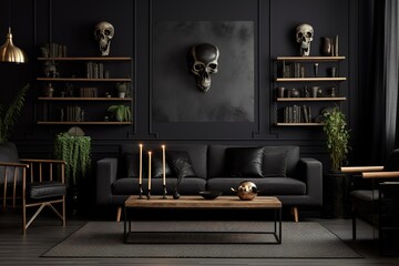 The stylish composition at living room interior with minimal design | Spacious long living room with dark design | ,Generative AI