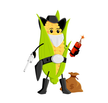 Cartoon wild west corn cob robber or bandit character. Isolated vector Explosive maize cob ranger personage with money sack, armed with gun and dynamite, ready to bring a fiery twist to any adventure