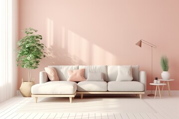Fototapeta na wymiar Interior with pink sofa and ladder shelf in modern living room and black mock-up wall,Generative AI