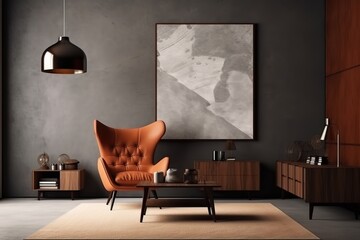 Interior with wooden cabinet and armchair 3d rendering | Interior with armchair and coffee table 3d rendering | Interior with armchair and coffee table 3d rendering, Generative AI