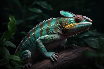 Fototapeta premium A solitary chameleon gracefully perches on a forest branch, blending seamlessly with its surroundings, showcasing nature's remarkable adaptations.. Generative Ai
