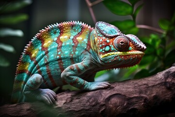  A solitary chameleon gracefully perches on a forest branch, blending seamlessly with its surroundings, showcasing nature's remarkable adaptations.. Generative Ai